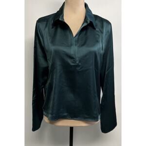 Emerald Green Satin V-neck Collared Shirt XL Holiday Long Sleeve Preppy Career